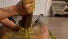 Ebony girl pooping diarrhea on BBC then gives messy handjob