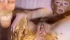 Scatty young woman rubbing up against a huge dildo and a menstruating pussy.